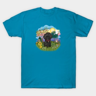 A Scenic Meadow With a Fluffy Black Toy Poodle T-Shirt